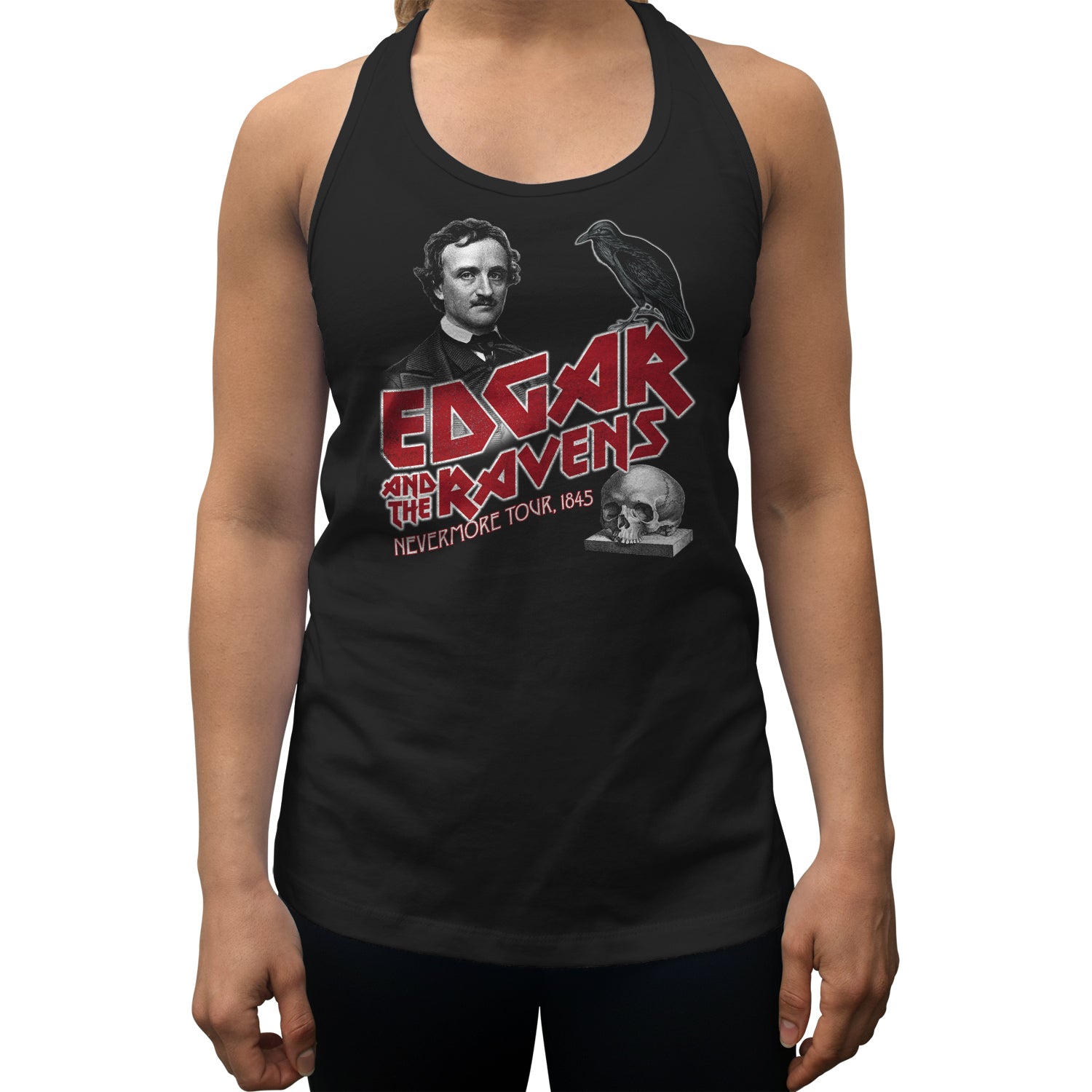 Boredwalk Women's Edgar and The Ravens Nevermore Tour Edgar Allan PoE Racerback Tank Top, Large / Black