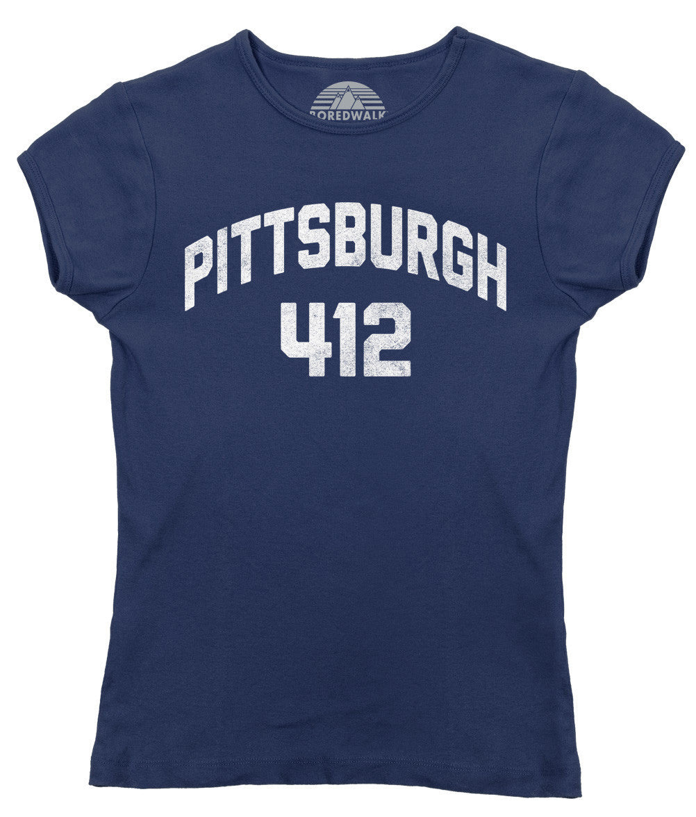 Boredwalk Women's Pittsburgh 412 Area Code Scoop Neck T-Shirt, Large / Navy